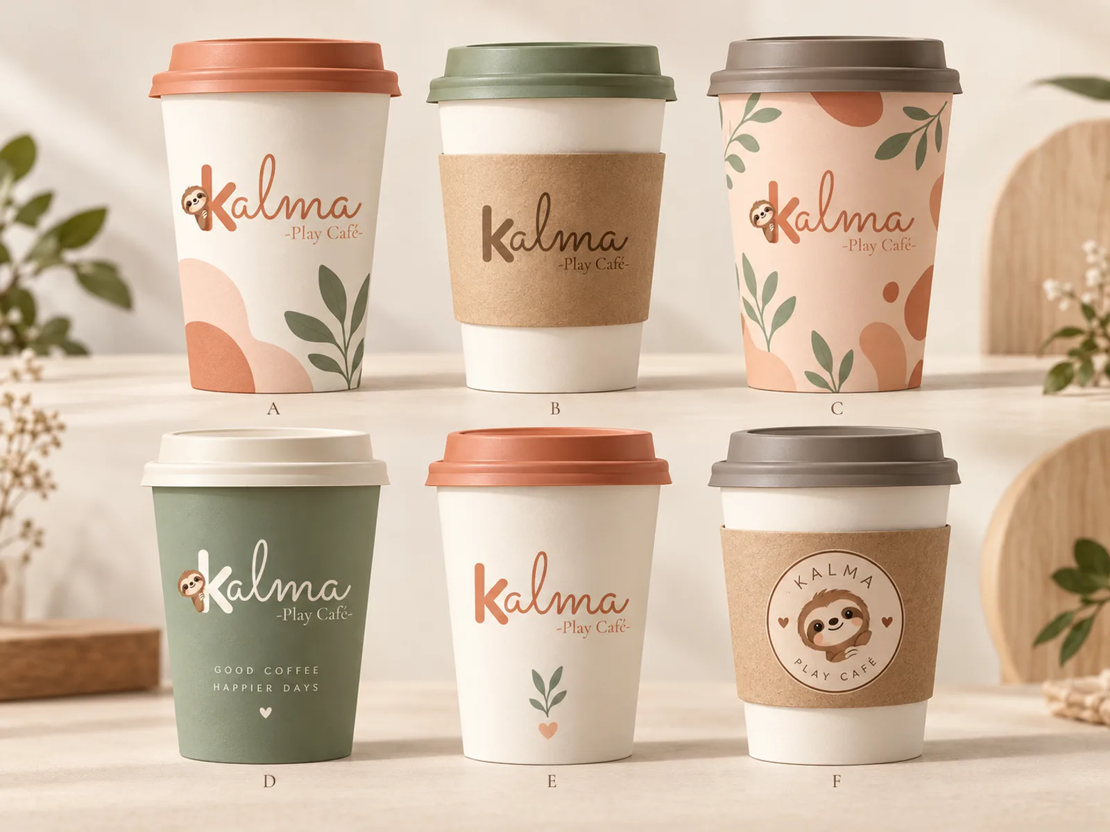 Vasos de café KALMA en terracota, salvia y kraft con el logo y Slow